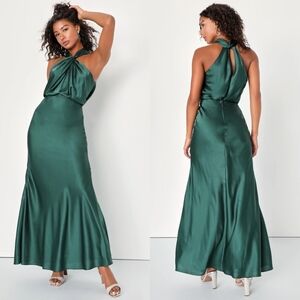 Lulus At the Halter Hunter Green Satin Halter Twist-Front Maxi Dress XS Wedding